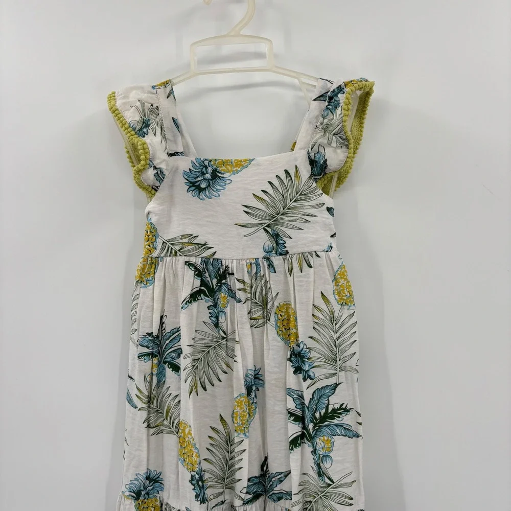 Bonnie Jean Maxi Dress Kids Size 6X White Tropical Pineapple Pom Pom Trim Summer